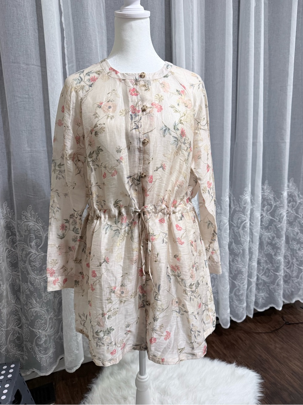 J. Jill Cream Floral Drawstring Tunic